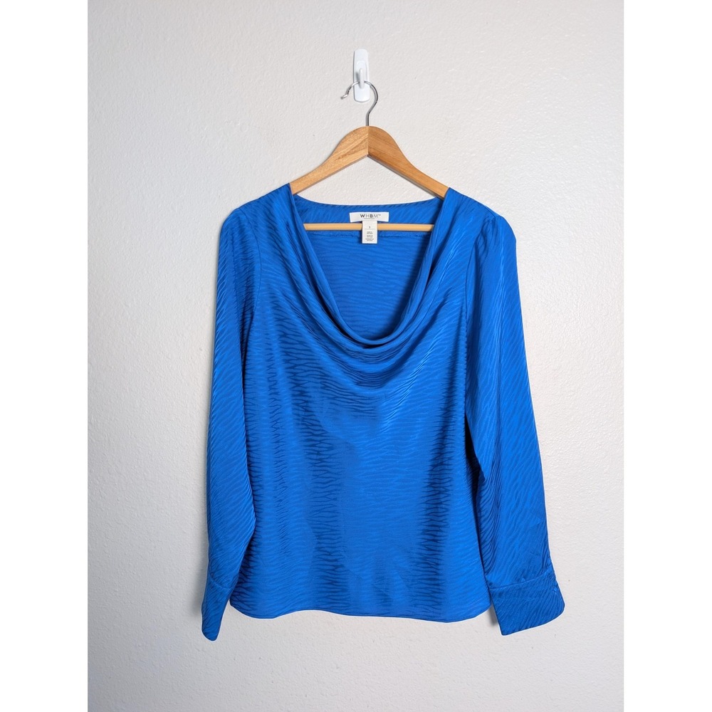 WHBM Blouse Womens S Blue Cowl Neck Long Sleeve Textured Knit Stretch Basic